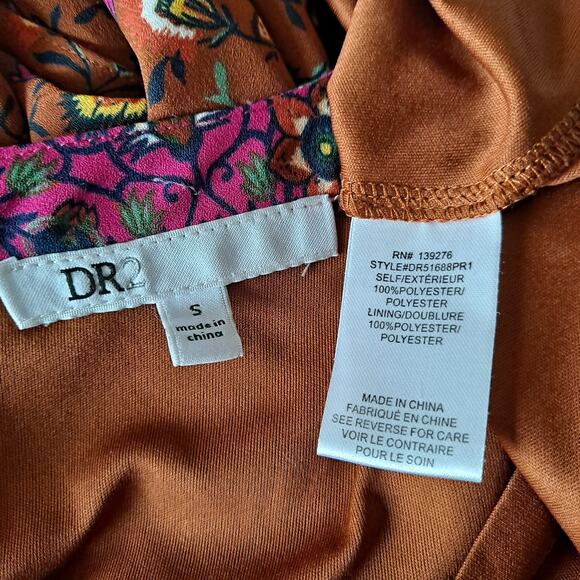 DR2 Dark Cinnamon Vneck Cap Sleeve Elastic Waist Border Print Floral Dress - S - Picture 10 of 13